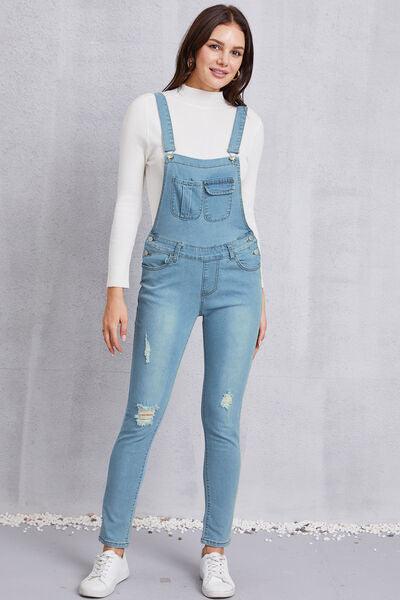 Distressed Washed Denim Overalls with Pockets - Immenzive