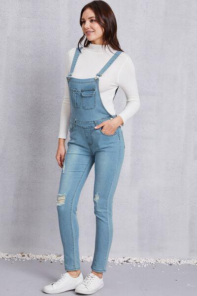 Distressed Washed Denim Overalls with Pockets - Immenzive