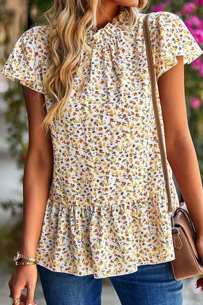 Ditsy Floral Peplum Short Sleeve Blouse - Immenzive