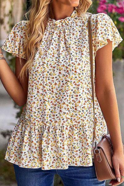 Ditsy Floral Peplum Short Sleeve Blouse - Immenzive
