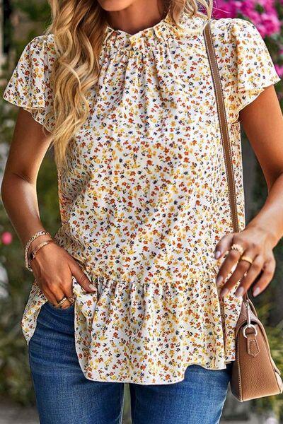Ditsy Floral Peplum Short Sleeve Blouse - Immenzive