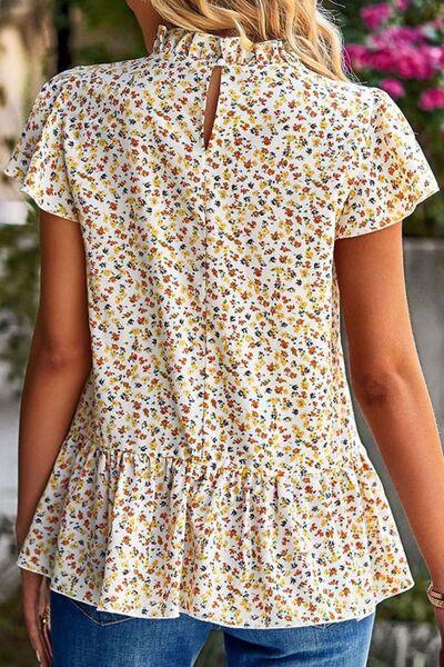 Ditsy Floral Peplum Short Sleeve Blouse - Immenzive