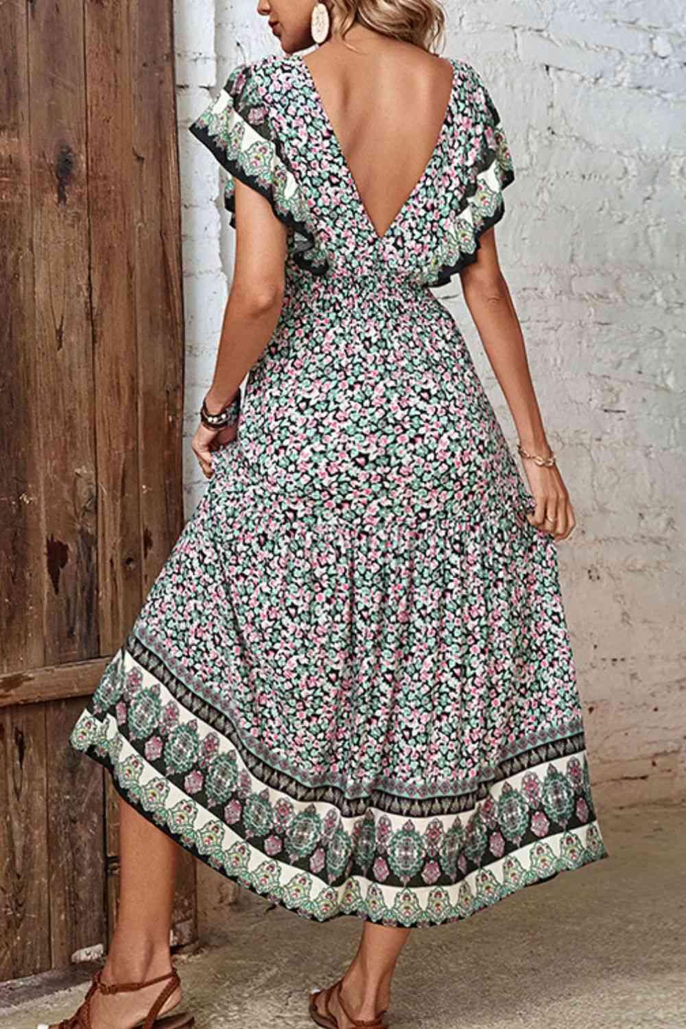 Ditsy Floral Ruffled Plunge Dress - Immenzive