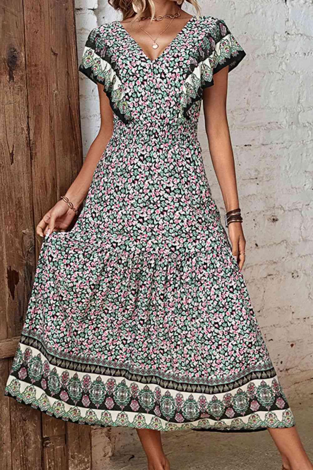 Ditsy Floral Ruffled Plunge Dress - Immenzive