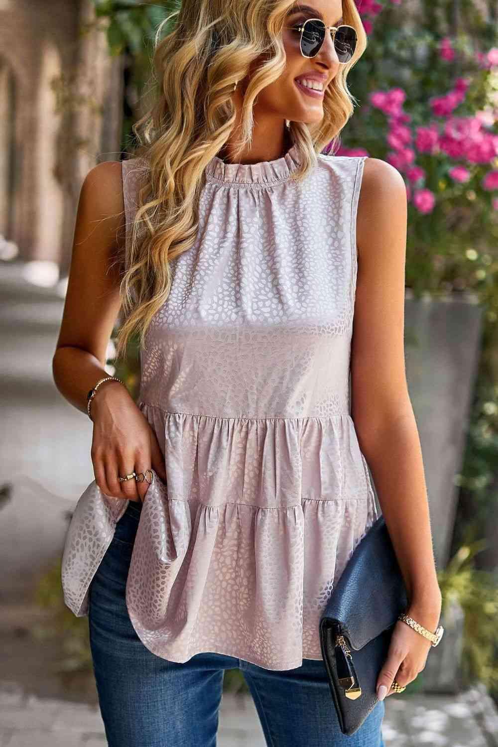 Dotted Frill Trim Sleeveless Tiered Top - Immenzive