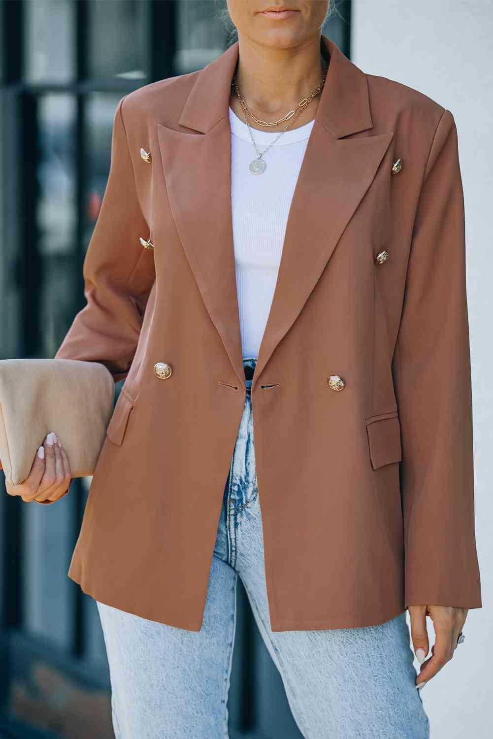 Double-Breasted Lapel Collar Long Sleeve Blazer - Immenzive