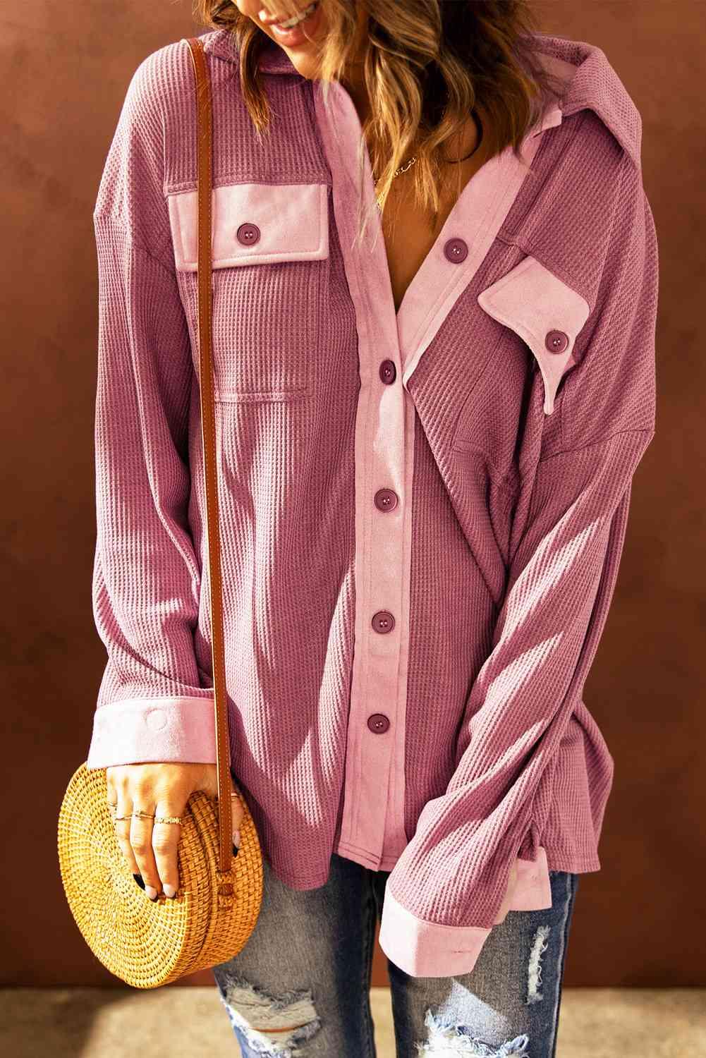 Double Take Contrast Waffle-Knit Shirt Jacket - Immenzive