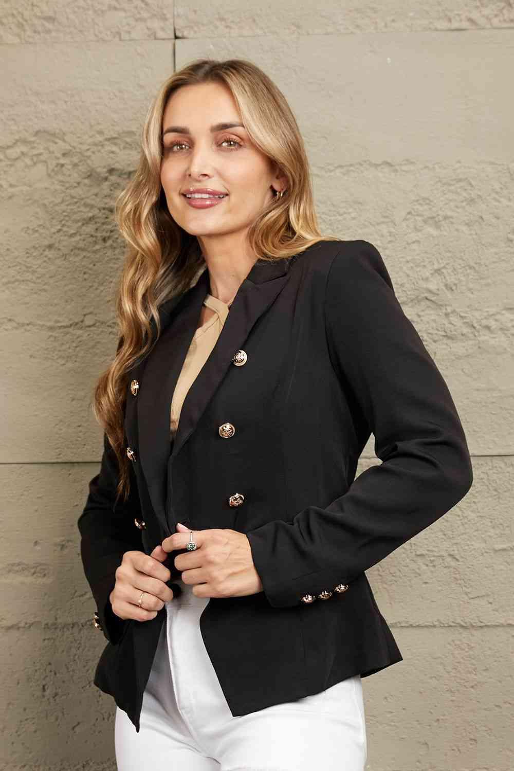 Double Take Double-Breasted Padded Shoulder Blazer - Immenzive