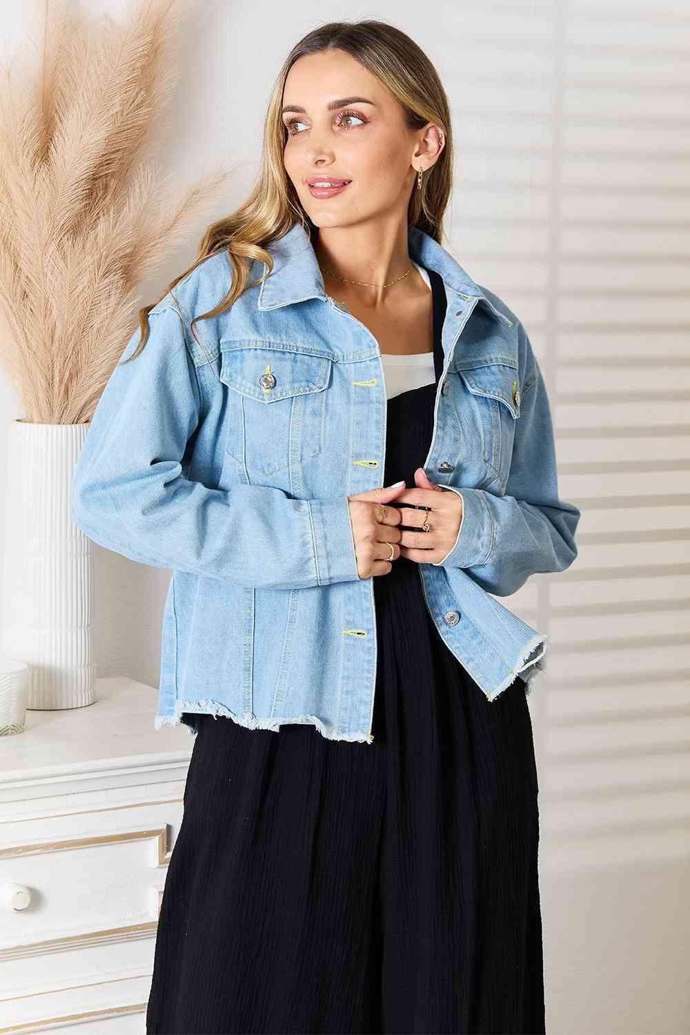 Double Take Dropped Shoulder Raw Hem Denim Jacket - Immenzive