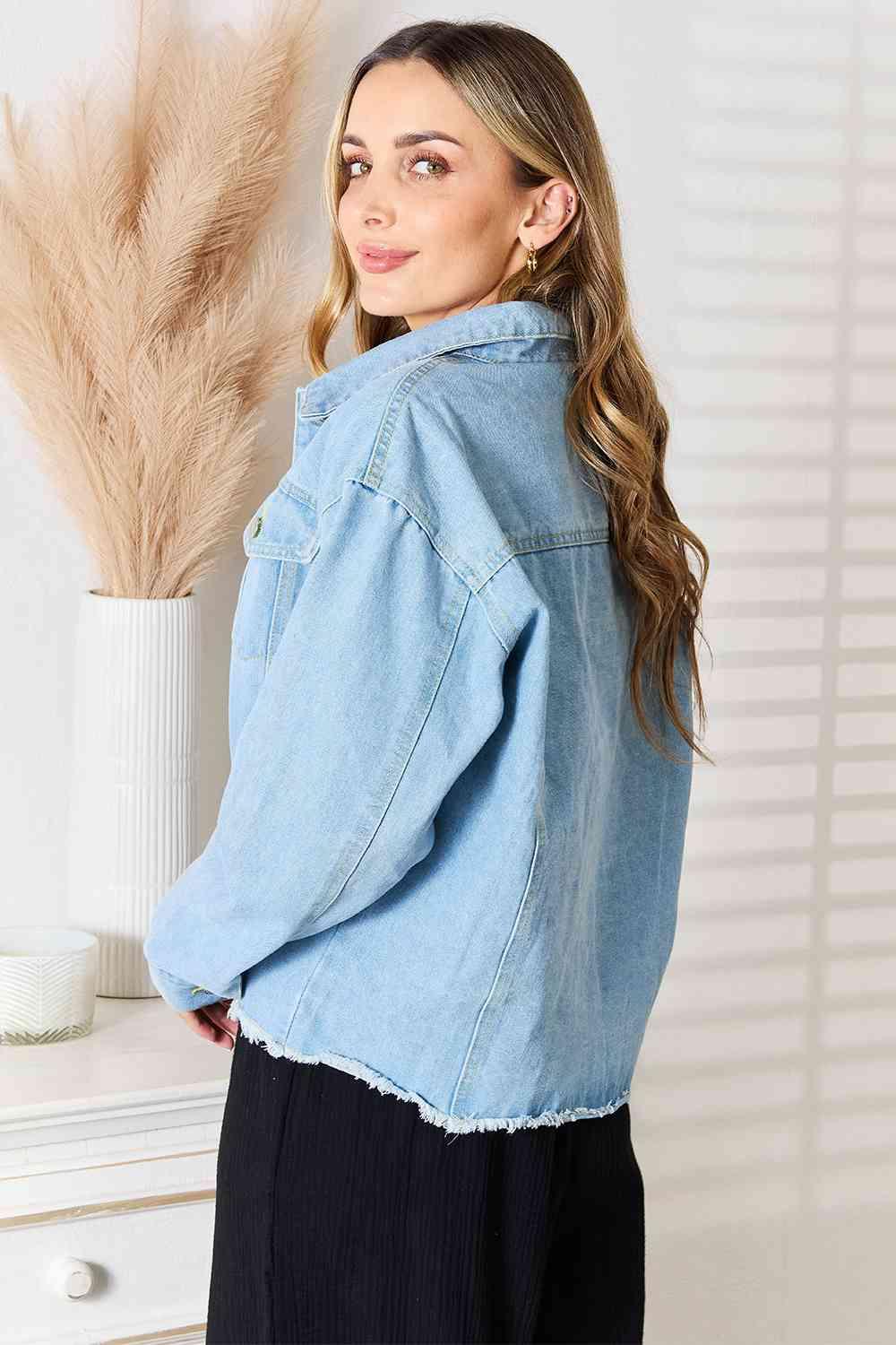 Double Take Dropped Shoulder Raw Hem Denim Jacket - Immenzive