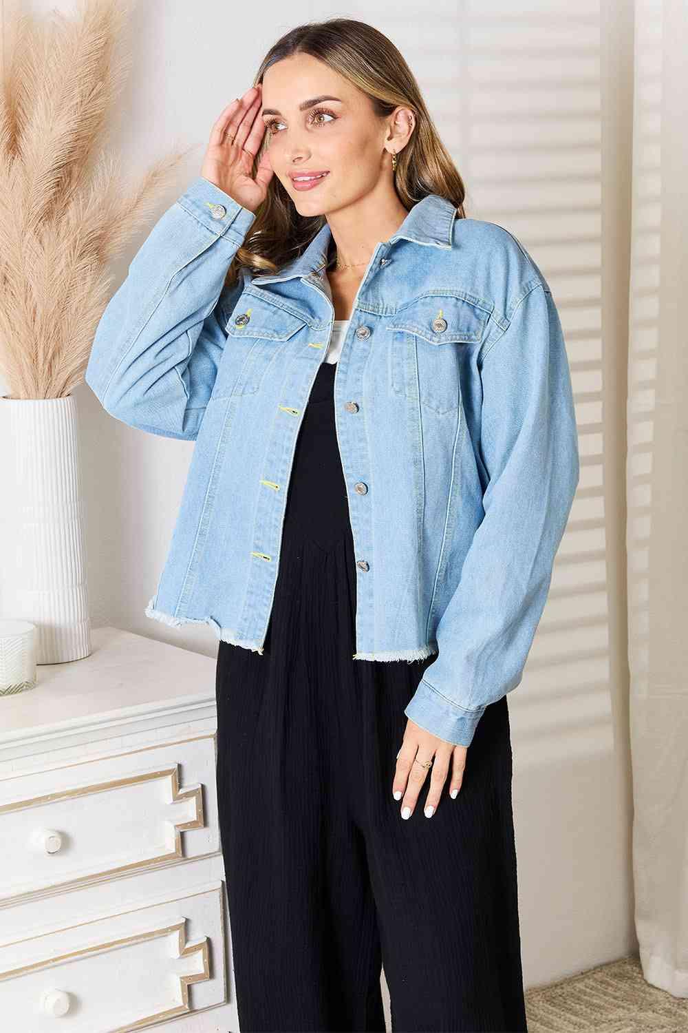 Double Take Dropped Shoulder Raw Hem Denim Jacket - Immenzive