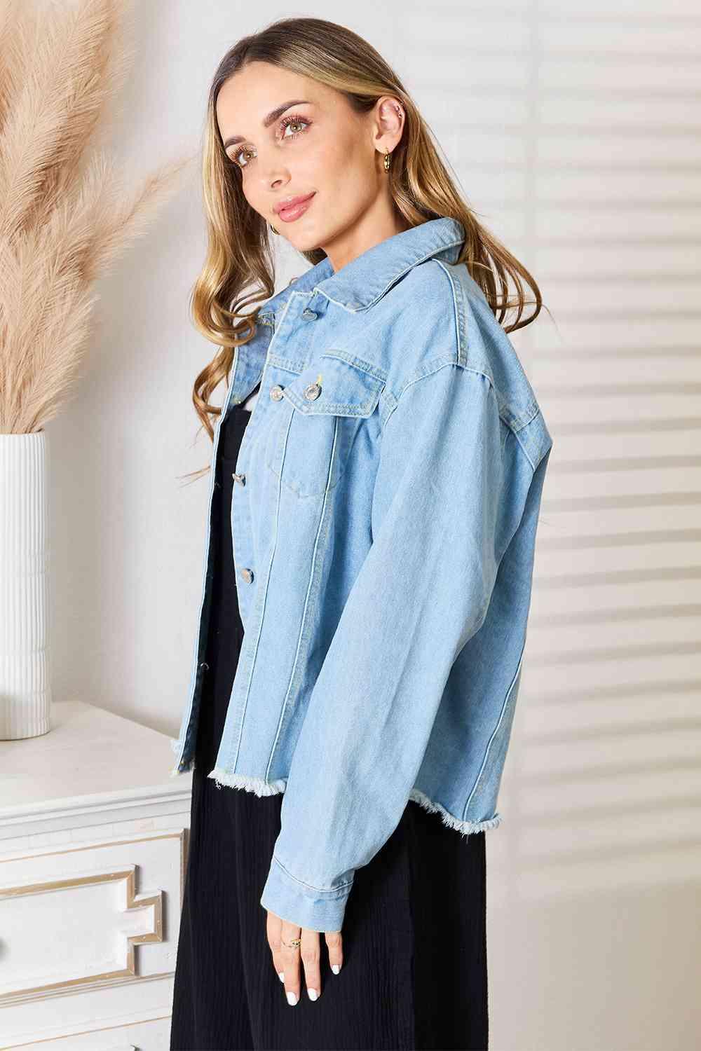 Double Take Dropped Shoulder Raw Hem Denim Jacket - Immenzive