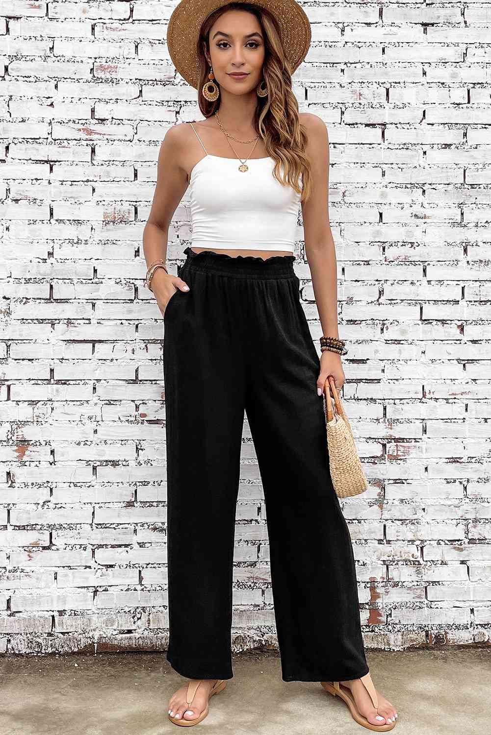 Double Take Elastic Waist Straight Leg Pants with Pockets - Immenzive