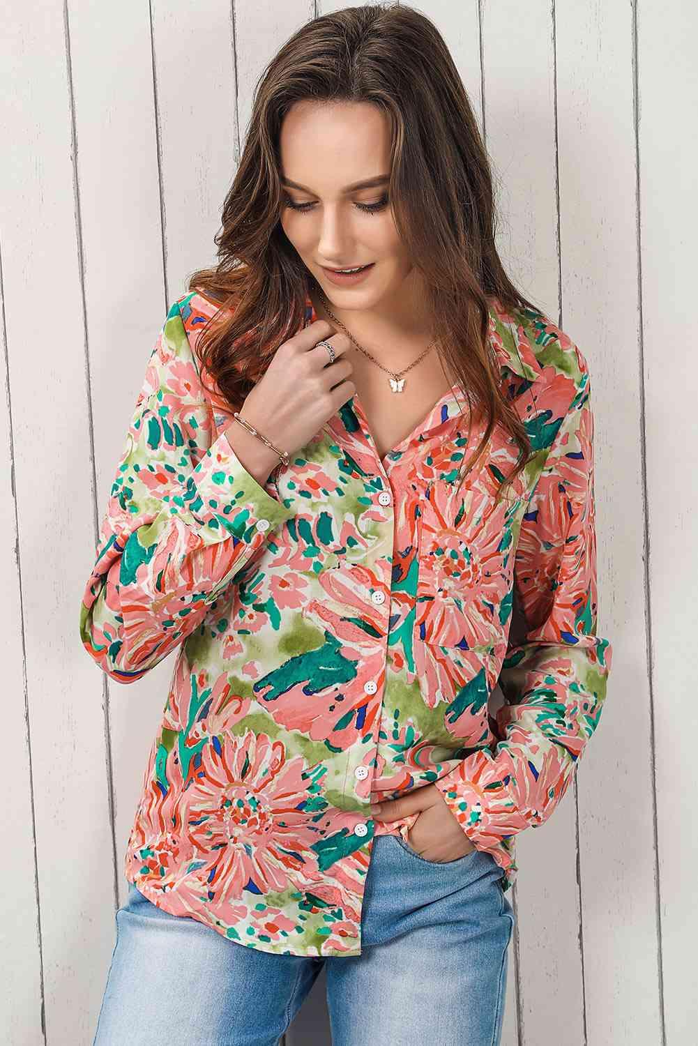 Double Take Floral Long Sleeve Collared Shirt - Immenzive