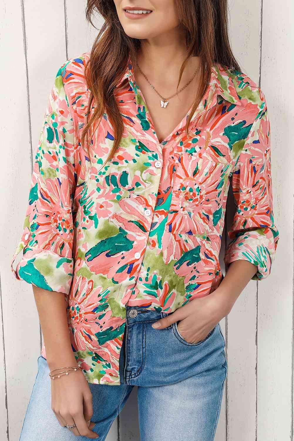 Double Take Floral Long Sleeve Collared Shirt - Immenzive
