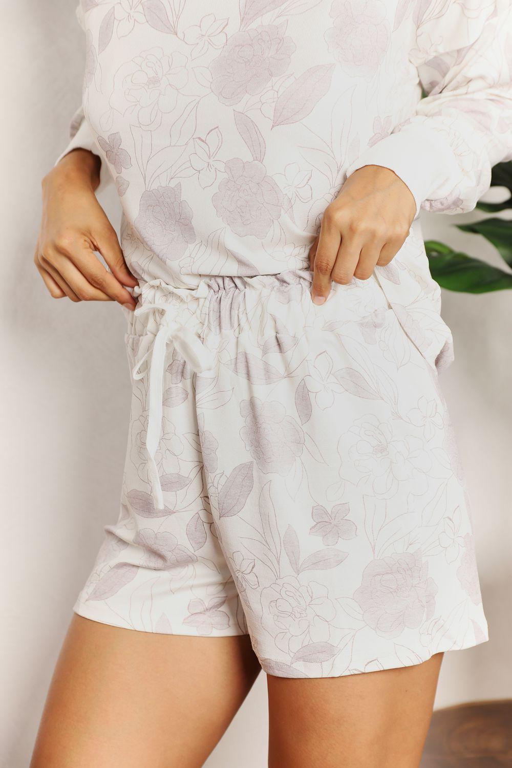 Double Take Floral Long Sleeve Top and Shorts Loungewear Set - Immenzive