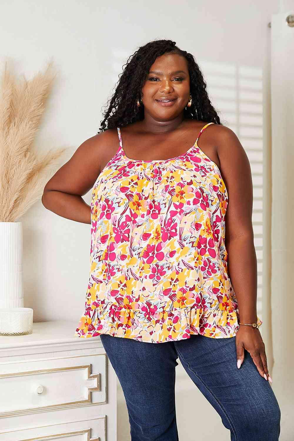 Double Take Floral Scoop Neck Ruffle Hem Cami - Immenzive