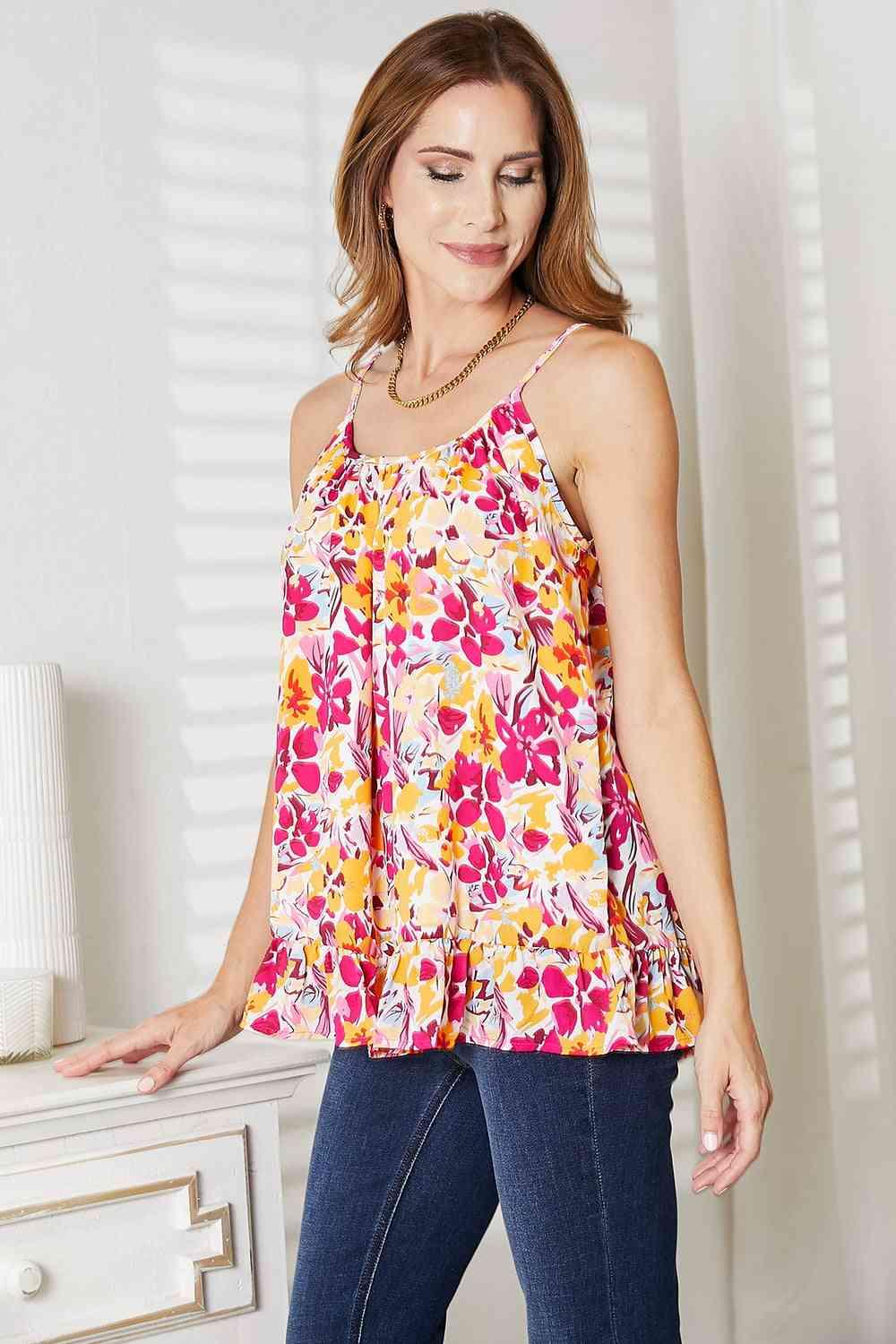 Double Take Floral Scoop Neck Ruffle Hem Cami - Immenzive