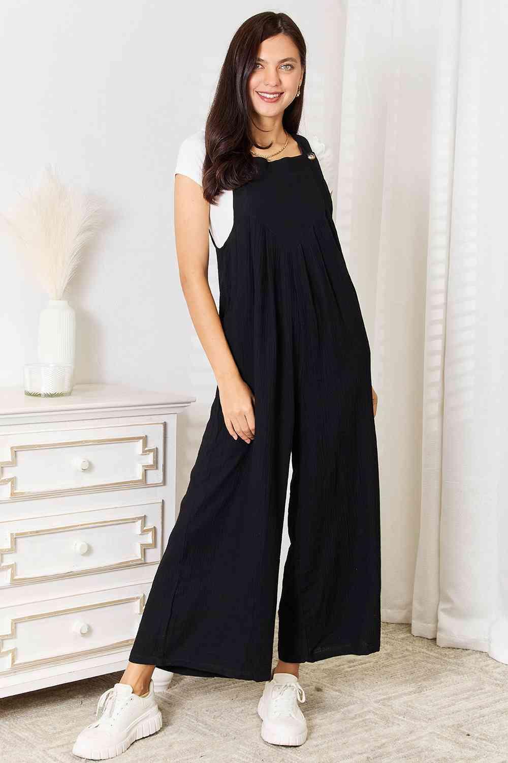 Double Take Full Size Wide Leg Overalls with Pockets - Immenzive