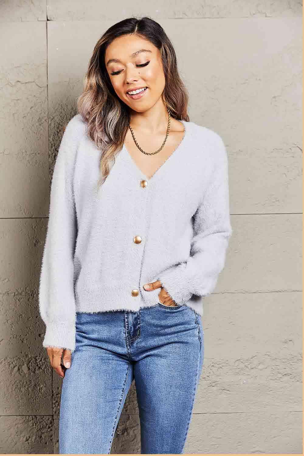 Double Take Fuzzy Long Sleeve Button Down Cardigan - Immenzive