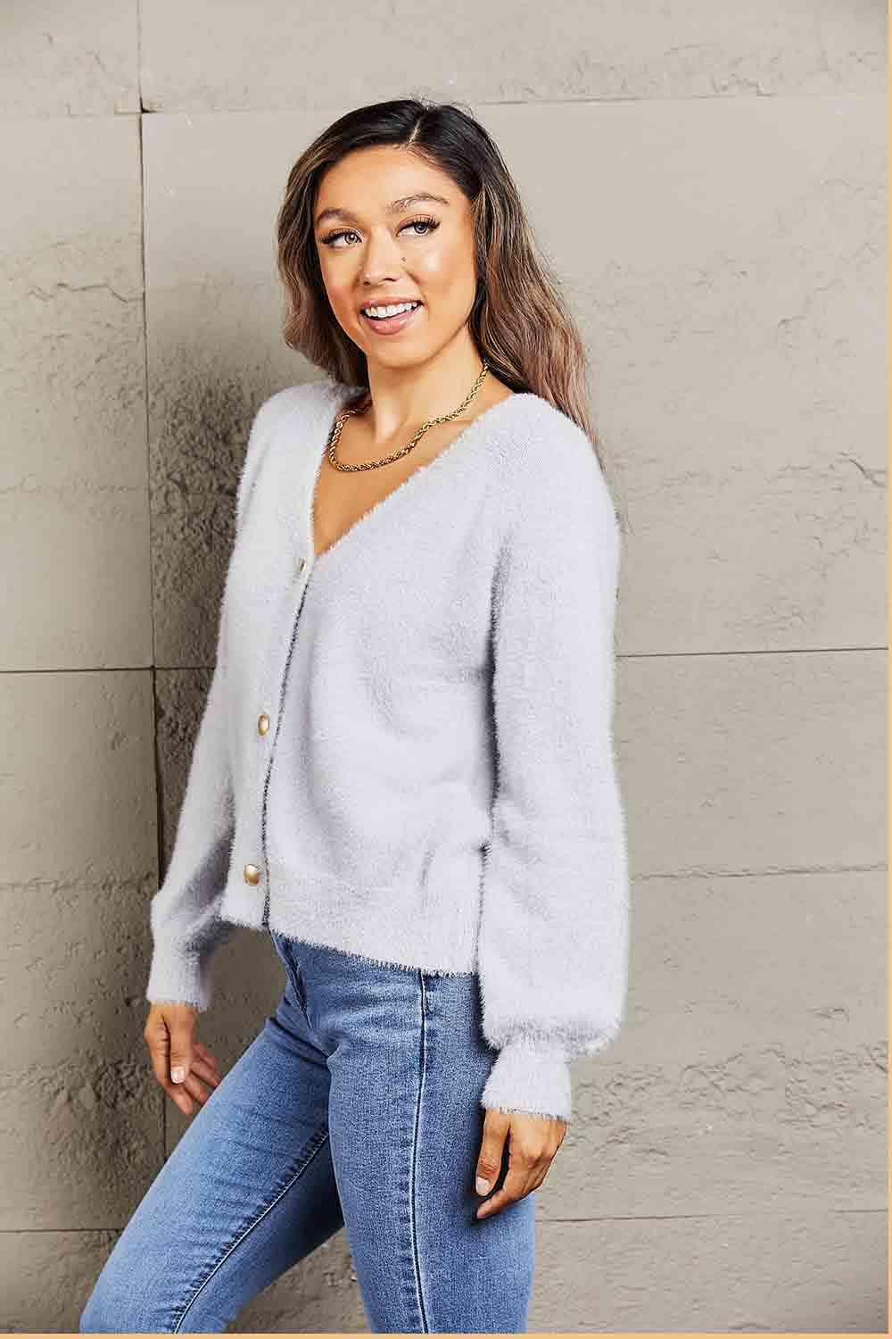 Double Take Fuzzy Long Sleeve Button Down Cardigan - Immenzive