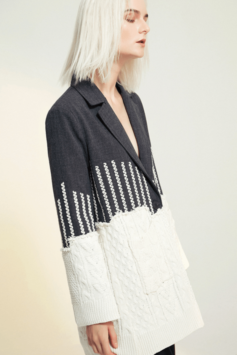 Double Take Lapel Collar Cable-Knit Blazer - Immenzive