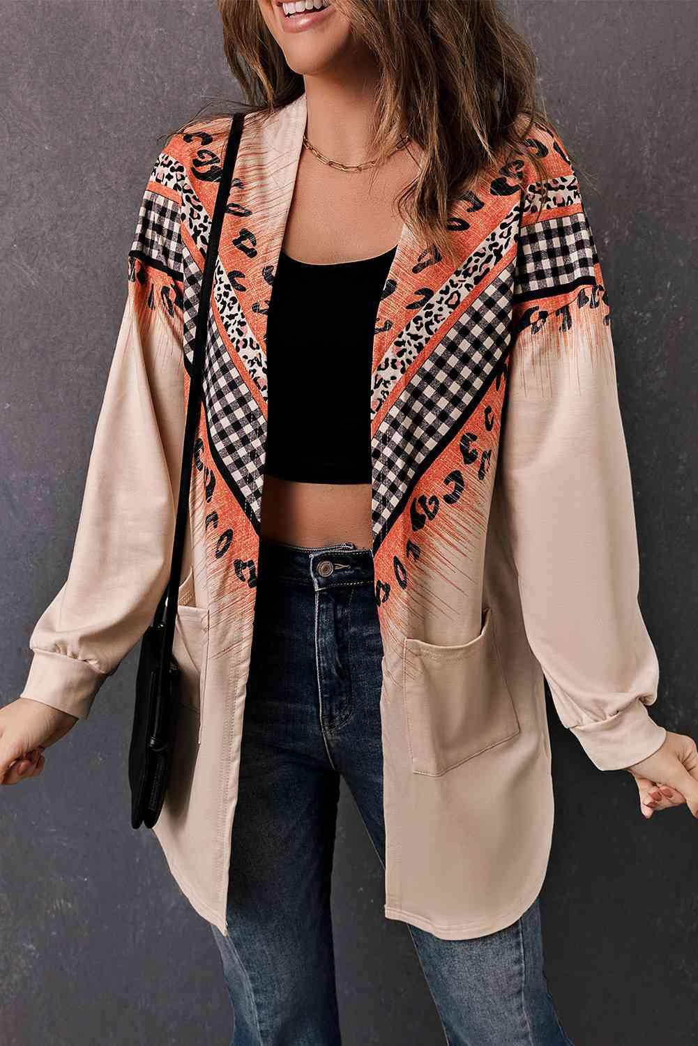 Double Take Leopard Plaid Open Front Longline Cardigan with Pockets - Immenzive