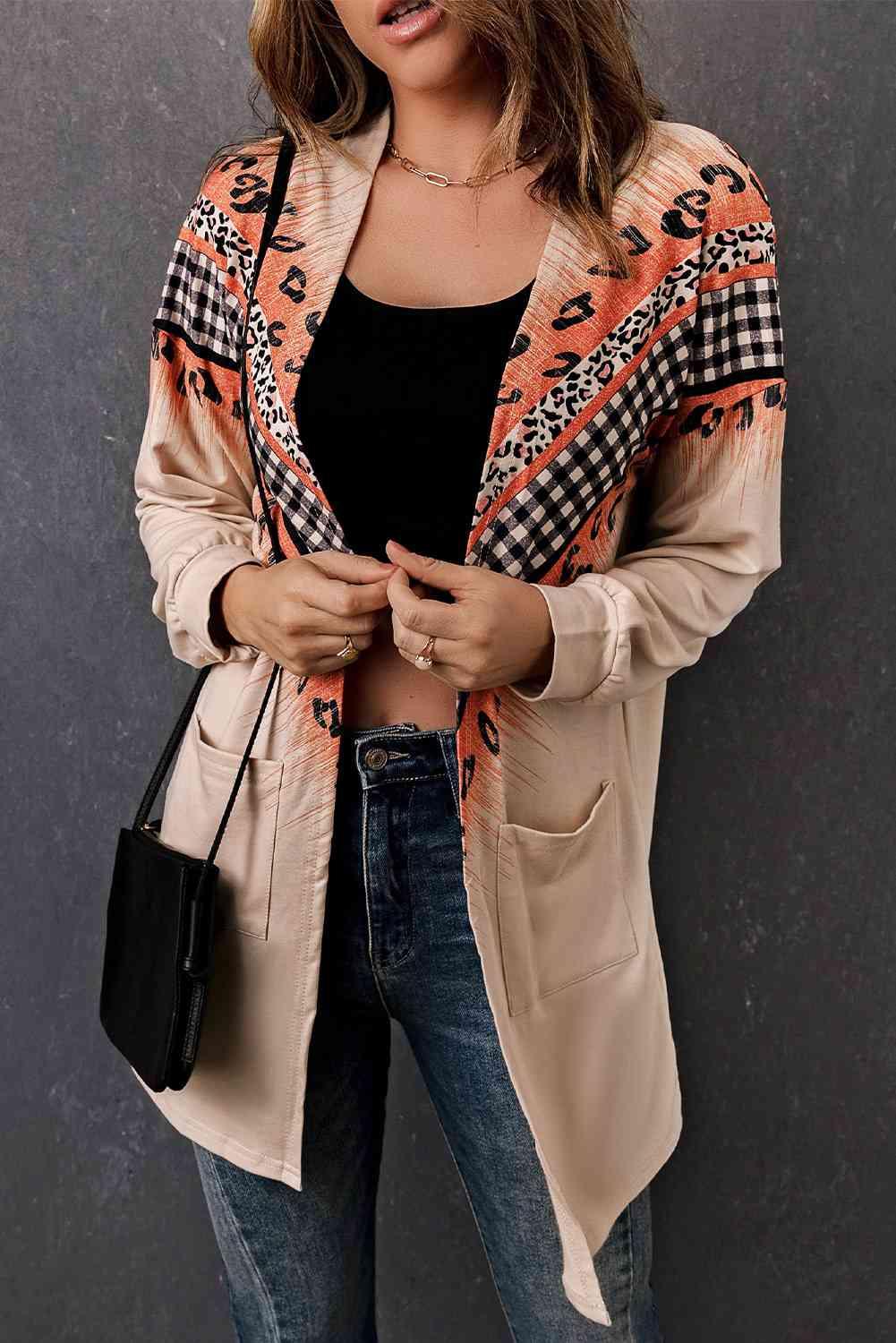 Double Take Leopard Plaid Open Front Longline Cardigan with Pockets - Immenzive