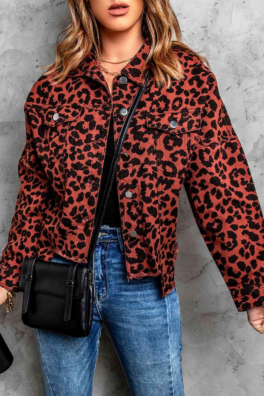 Double Take Leopard Print Raw Hem Jacket - Immenzive
