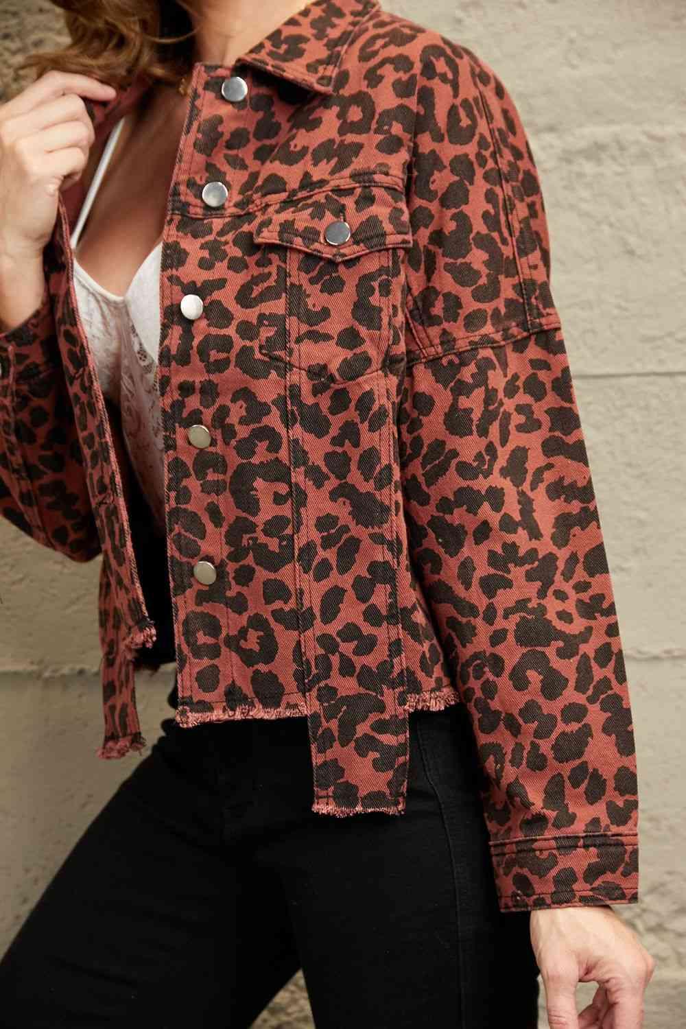 Double Take Leopard Print Raw Hem Jacket - Immenzive