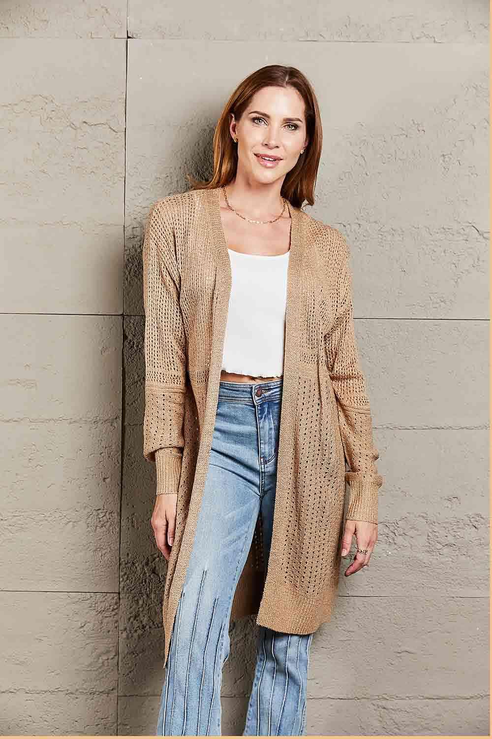 Double Take Openwork Dropped Shoulder Open Front Cardigan - Immenzive