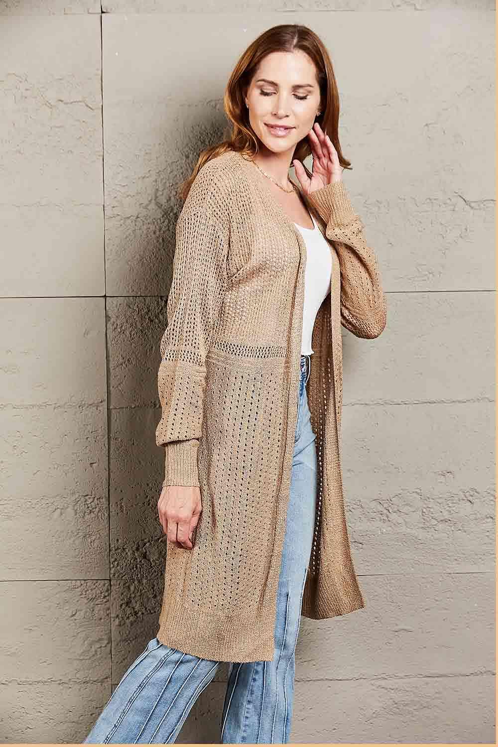 Double Take Openwork Dropped Shoulder Open Front Cardigan - Immenzive