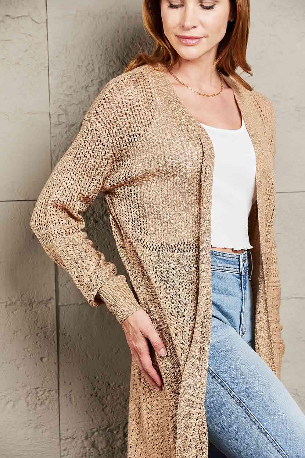 Double Take Openwork Dropped Shoulder Open Front Cardigan - Immenzive