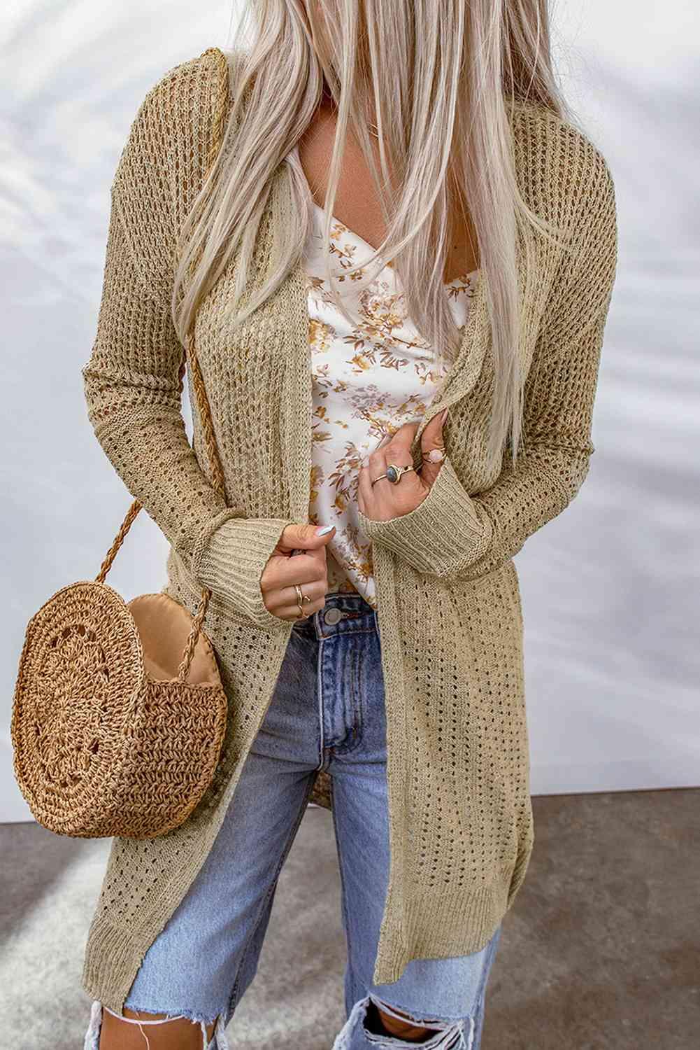 Double Take Openwork Dropped Shoulder Open Front Cardigan - Immenzive