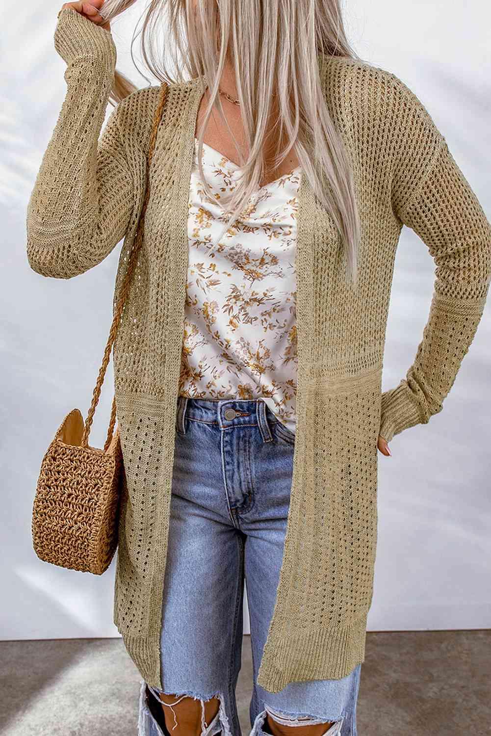Double Take Openwork Dropped Shoulder Open Front Cardigan - Immenzive