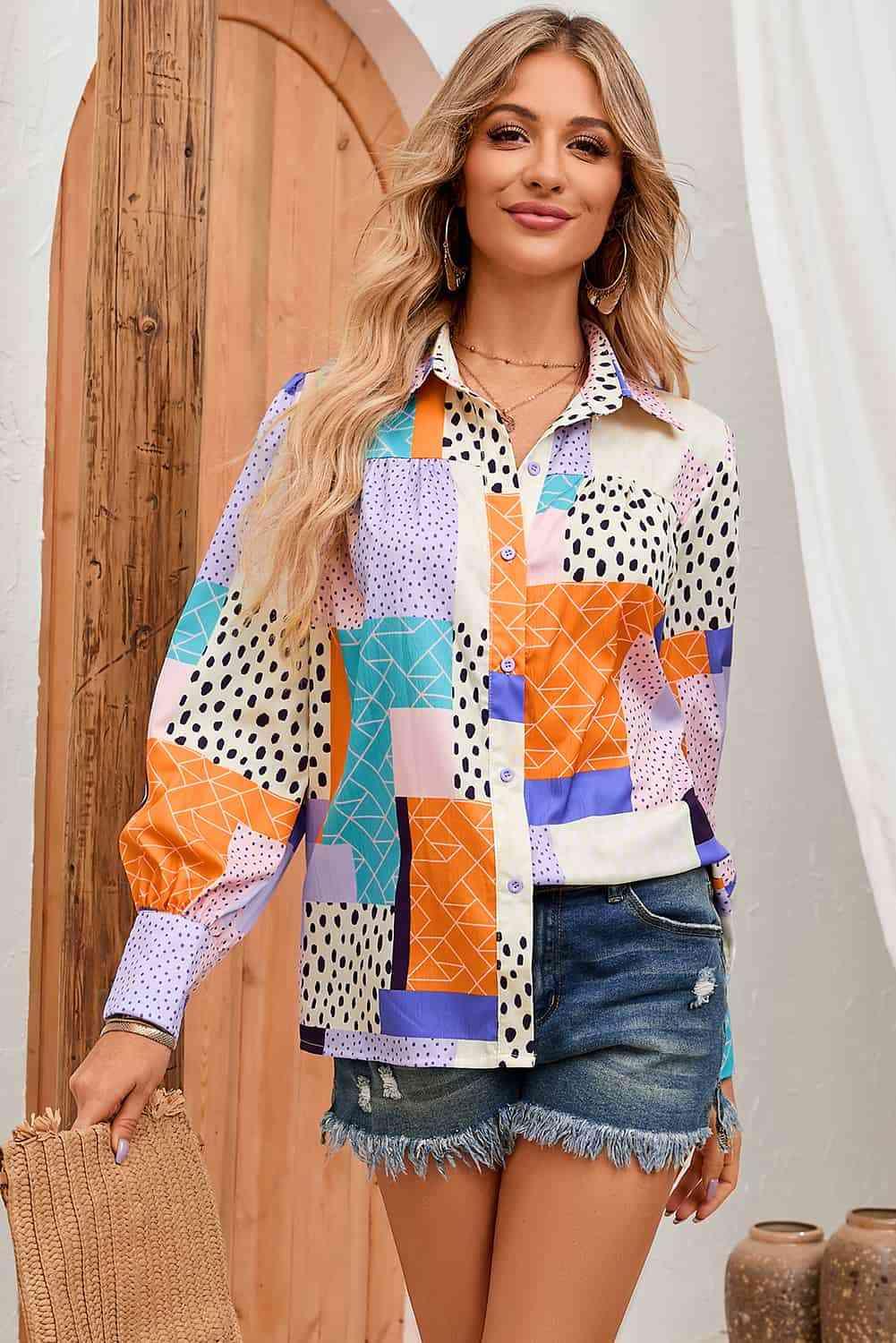 Double Take Patchwork Puff Sleeve Collared Shirt - Immenzive