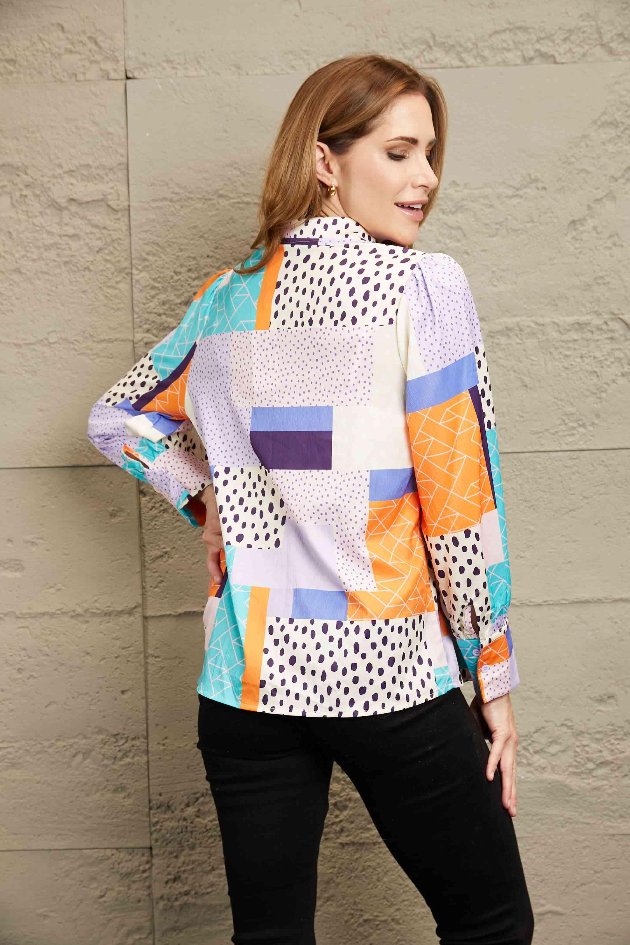 Double Take Patchwork Puff Sleeve Collared Shirt - Immenzive