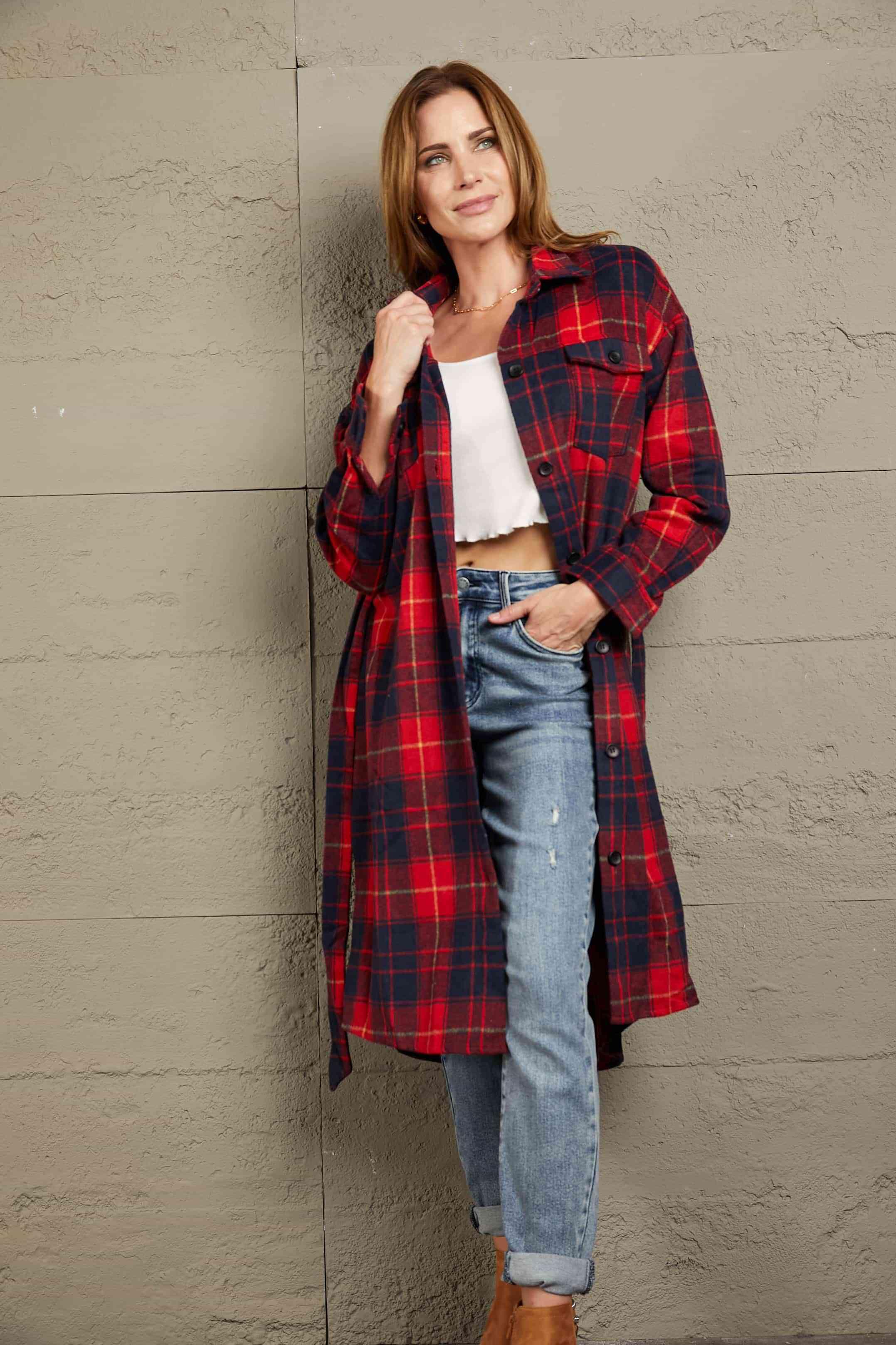 Double Take Plaid Belted Button Down Longline Shirt Jacket - Immenzive
