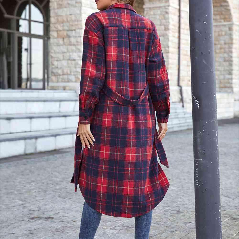 Double Take Plaid Belted Button Down Longline Shirt Jacket - Immenzive