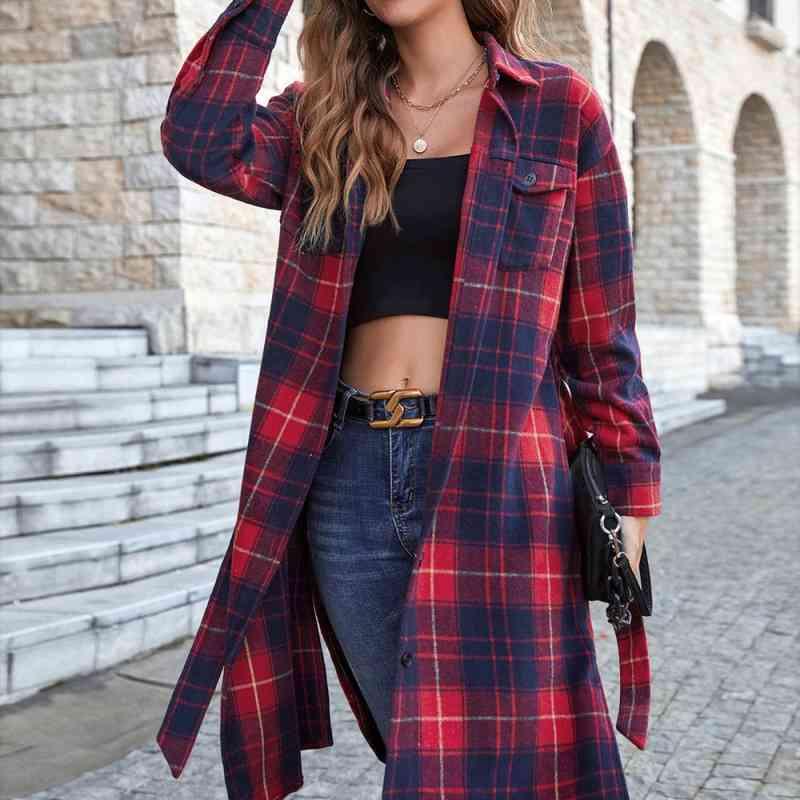 Double Take Plaid Belted Button Down Longline Shirt Jacket - Immenzive