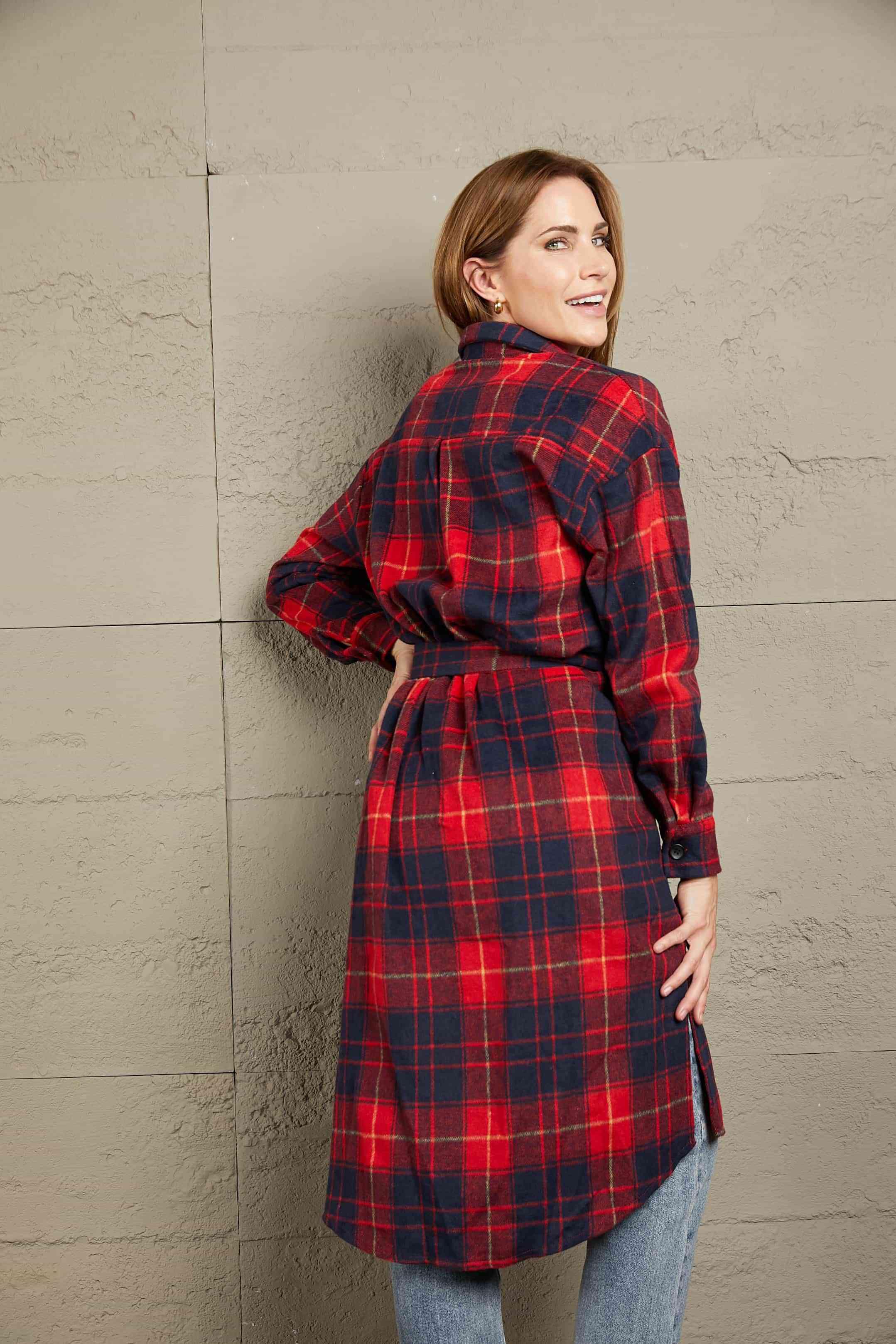 Double Take Plaid Belted Button Down Longline Shirt Jacket - Immenzive