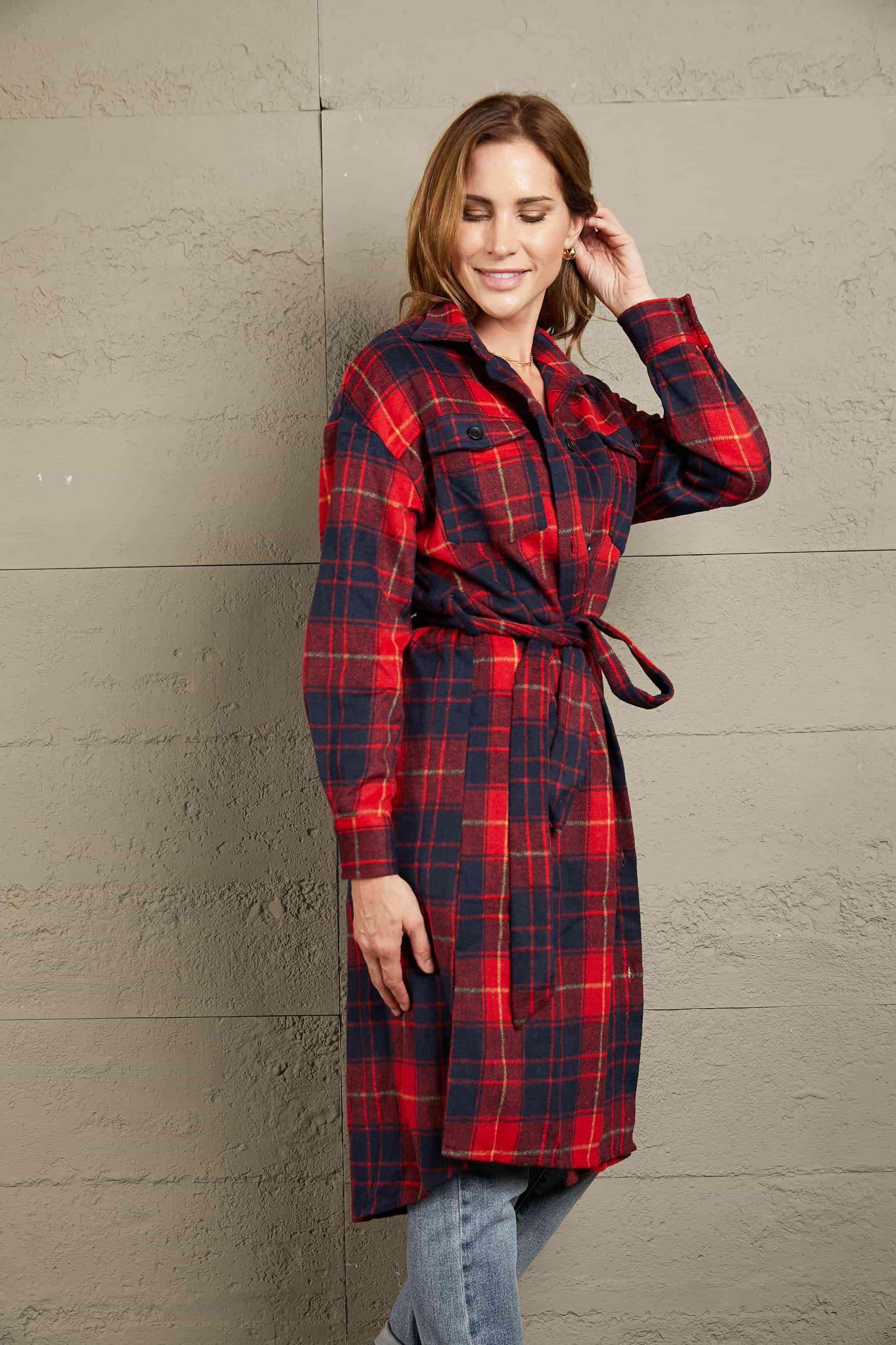 Double Take Plaid Belted Button Down Longline Shirt Jacket - Immenzive