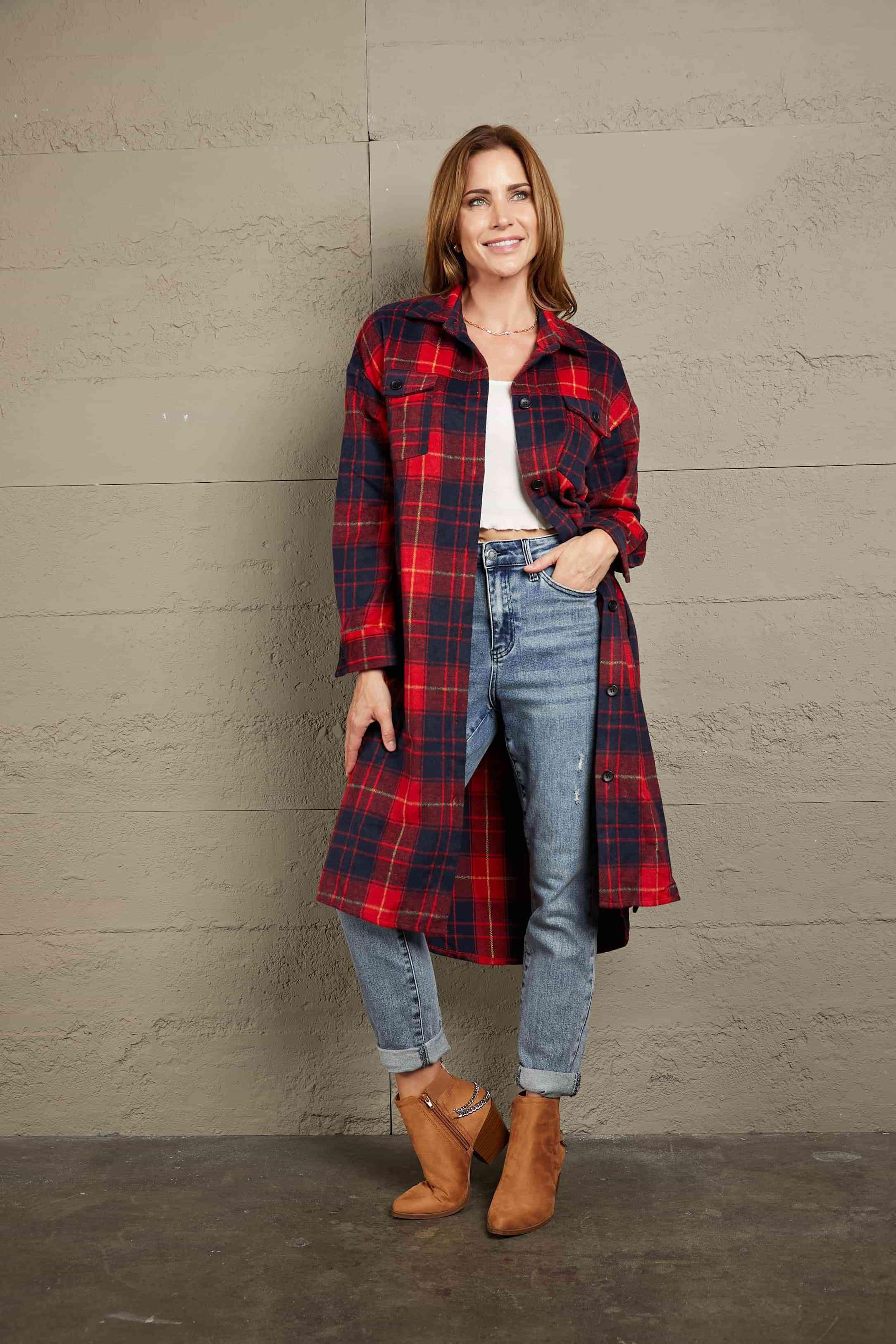 Double Take Plaid Belted Button Down Longline Shirt Jacket - Immenzive