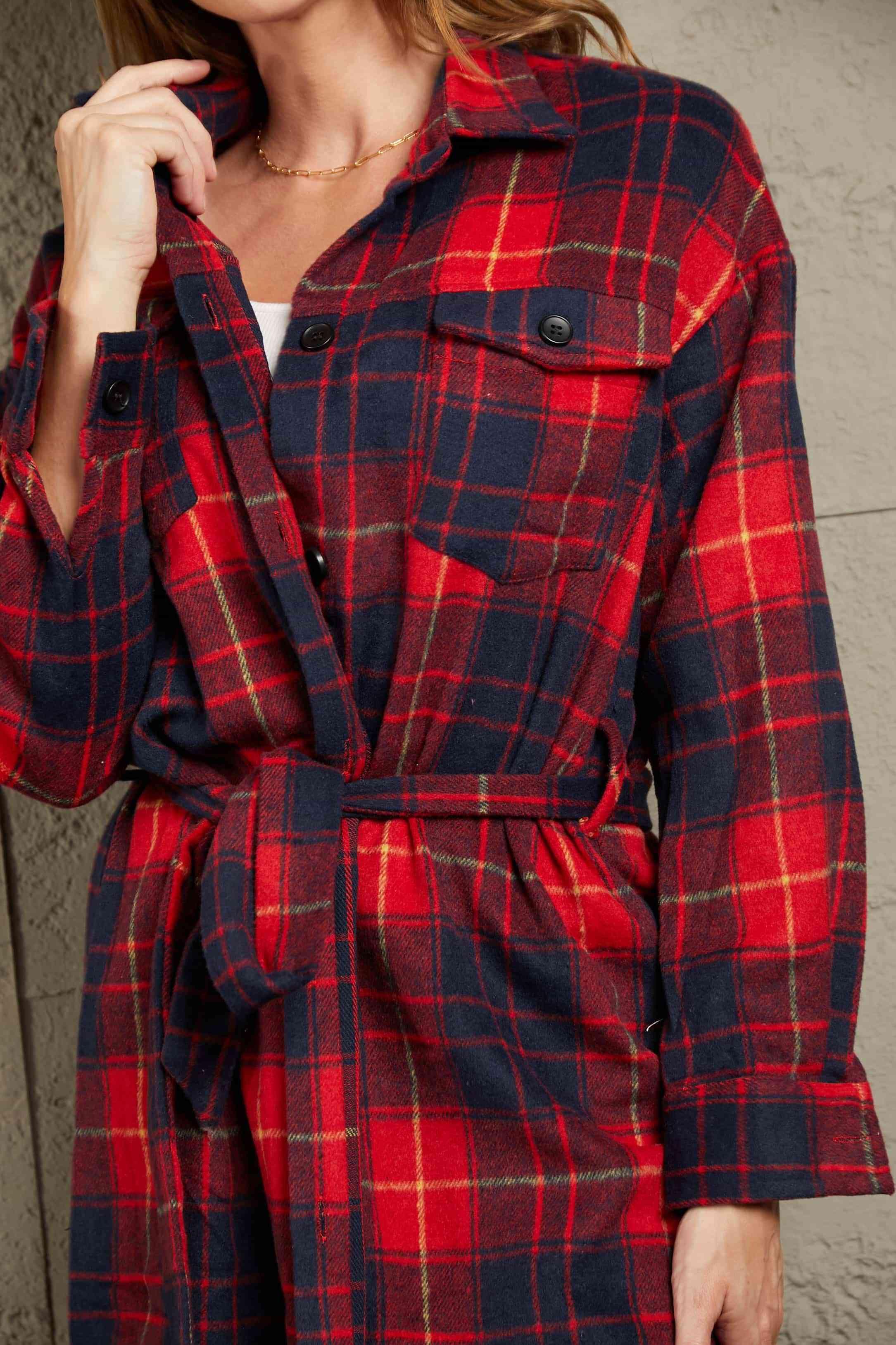 Double Take Plaid Belted Button Down Longline Shirt Jacket - Immenzive