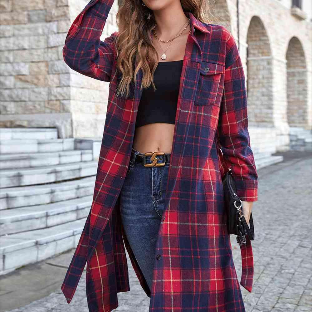 Double Take Plaid Belted Button Down Longline Shirt Jacket - Immenzive