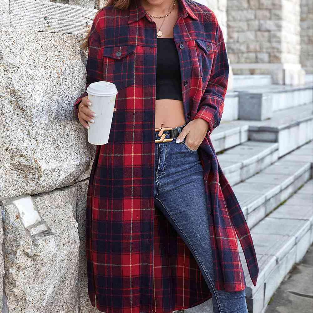 Double Take Plaid Belted Button Down Longline Shirt Jacket - Immenzive
