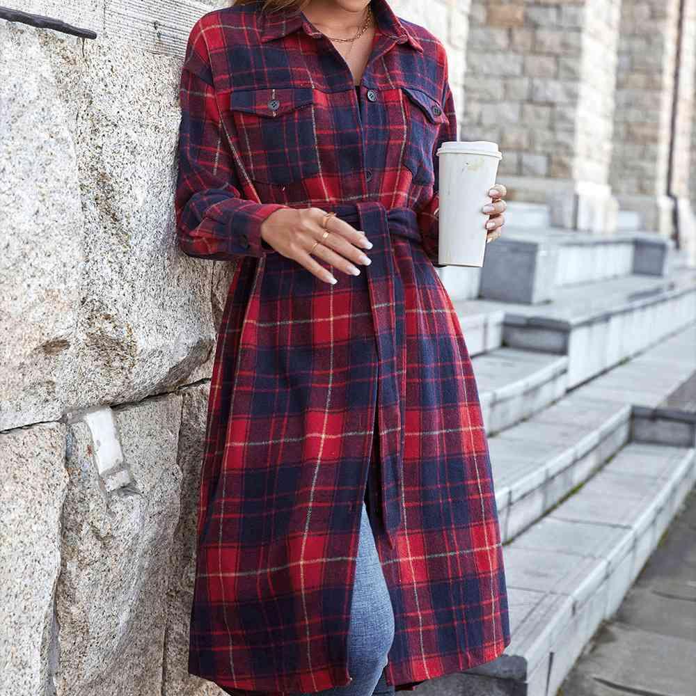 Double Take Plaid Belted Button Down Longline Shirt Jacket - Immenzive