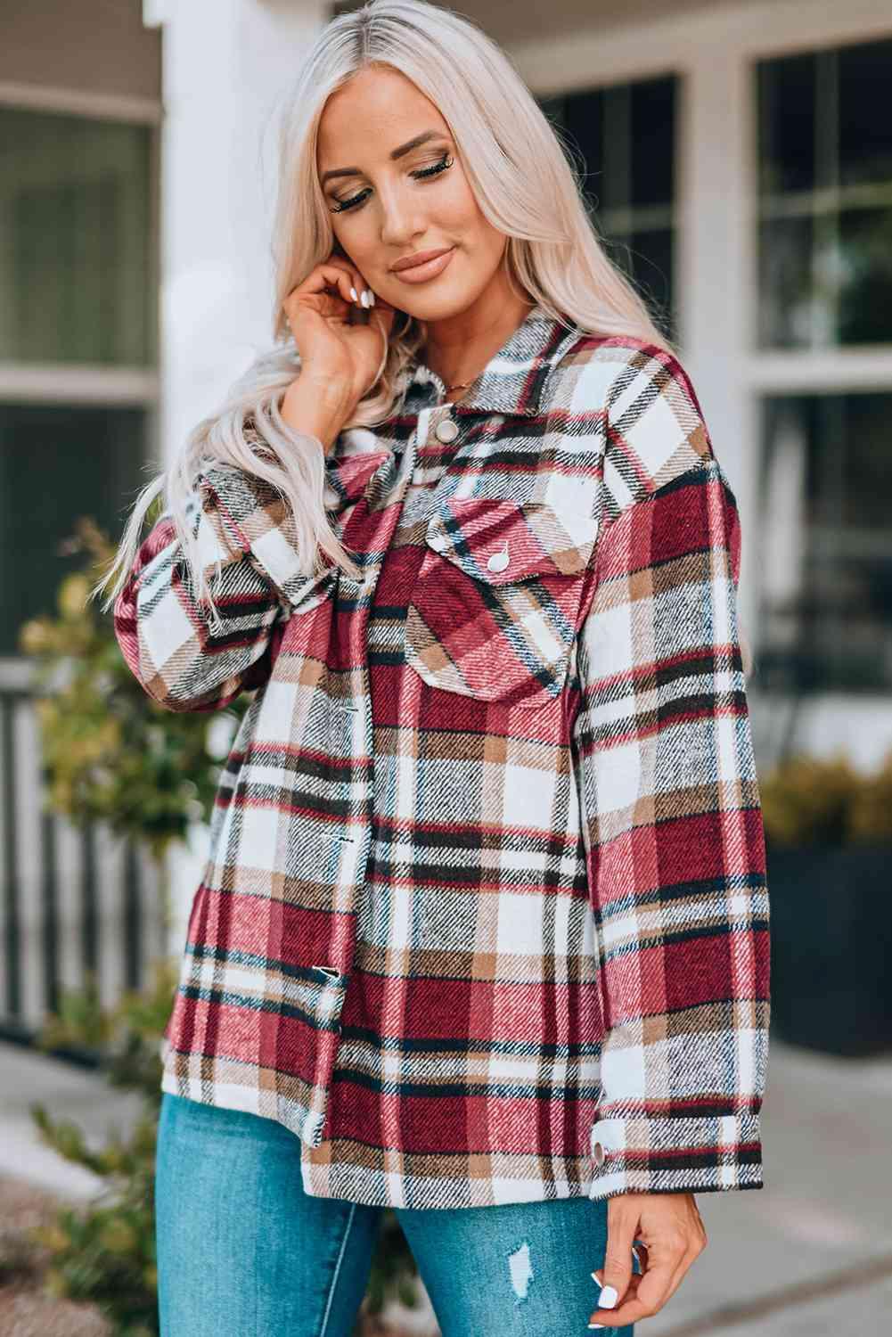 Double Take Plaid Button Front Shirt Jacket with Breast Pockets - Immenzive