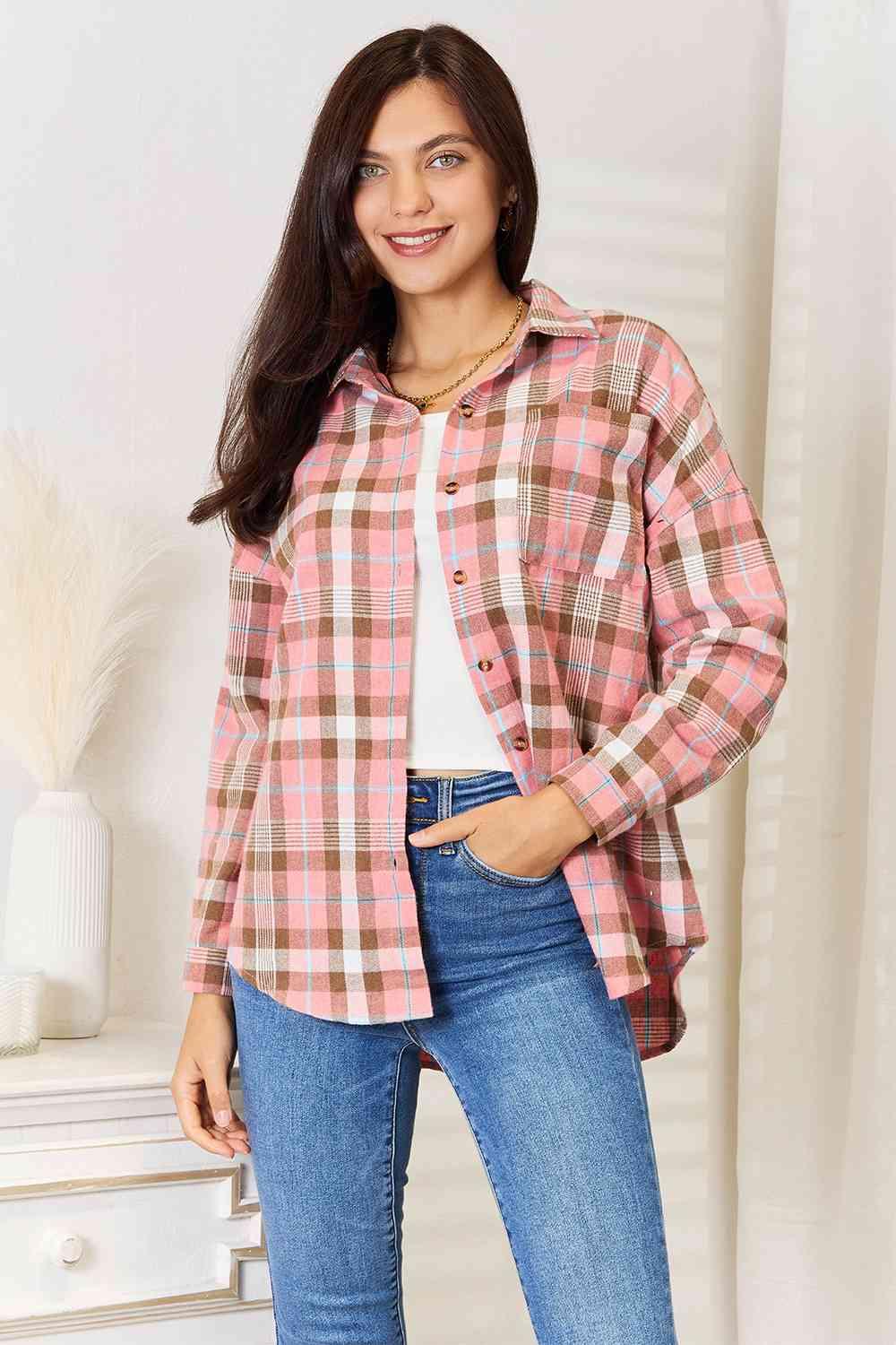 Double Take Plaid Collared Neck Long Sleeve Button-Up Shirt - Immenzive