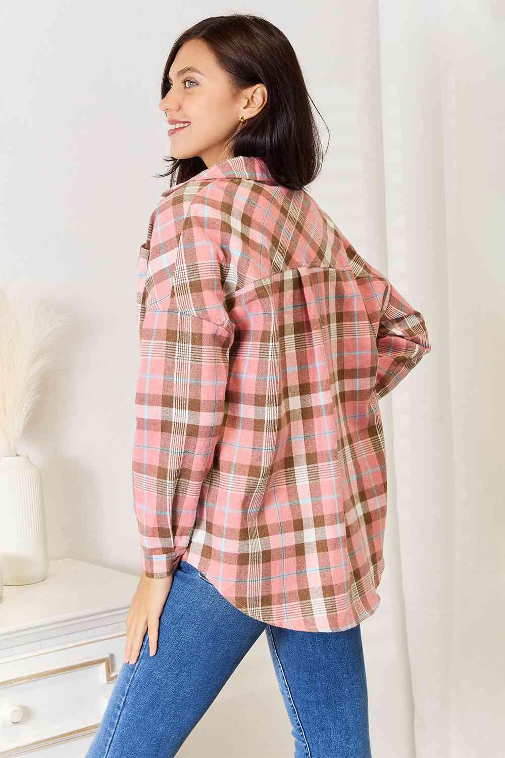 Double Take Plaid Collared Neck Long Sleeve Button-Up Shirt - Immenzive